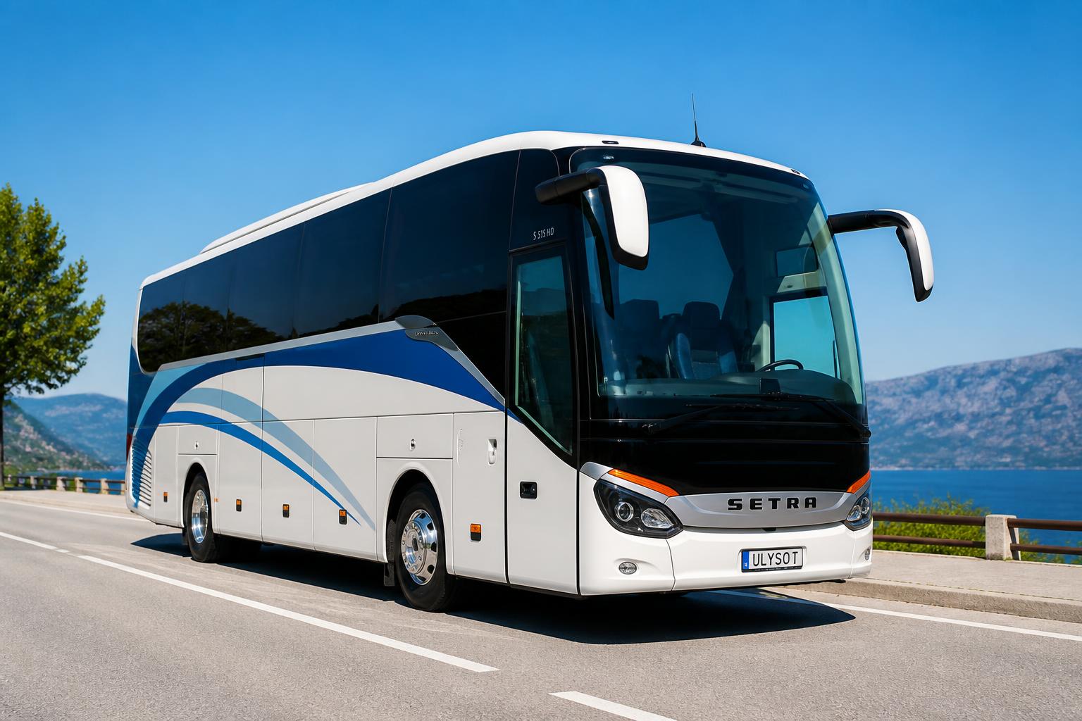 Modern white and blue luxury coach charter bus parked on a sunlit road
