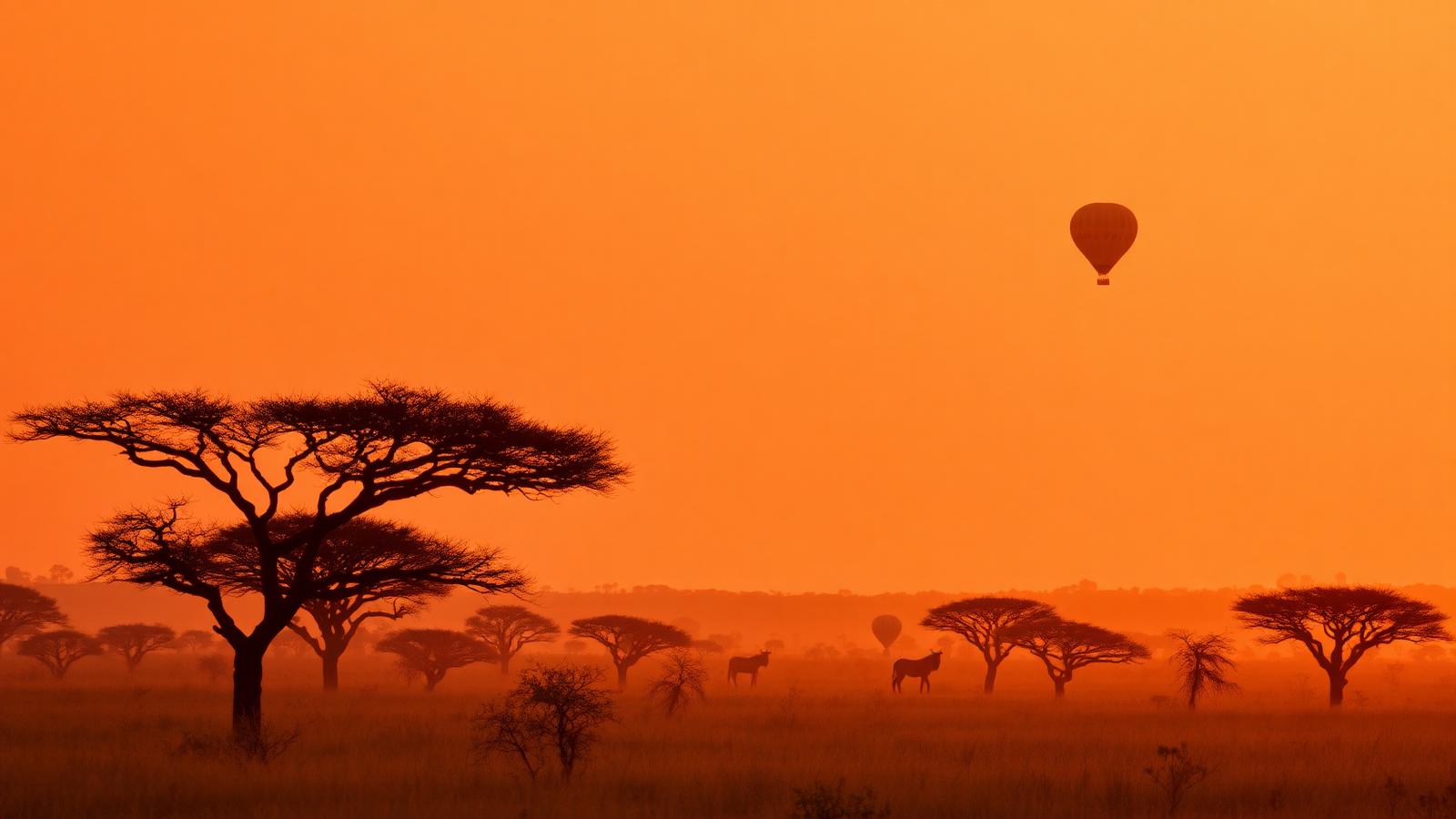 African savanna at golden sunset with acacia trees and a hot air balloon